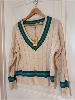 entro Cream Cable V-Neck Sweater with Green & Purple Stripes